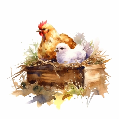 realistic watercolor chicken sleeping on its nest with some eggs and chicks around the barn on solid white background, clipart