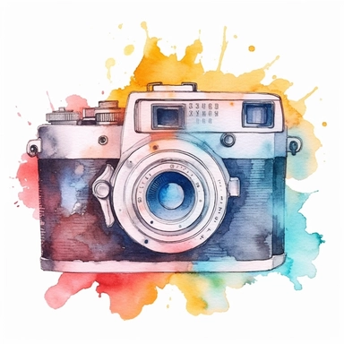 Double exposure of a retro camera, back view, in the style of watercolor cartoon clipart, high resolution, composition free space, pastel color scheme, soft and tender, watercolour clipart, watercolor illlustration, isolated white background, clipart most popular on etsy, book illustration, featured on dribble, print on demand image, PNG tranparent background, composition wide shot, no text, no watermar