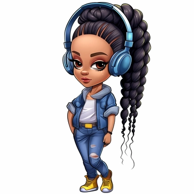 hip hop girl, wearing headphones, high heels, blue jeans, Coiled Bun, clipart, transparent, wearing jewelry, clip art, as a Inspired Chibi and Kawaii Style