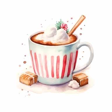 a watercolor nursery Christmas Sweets illustration clipart, a Hot Chocolate, clean background, white background, isolated on white