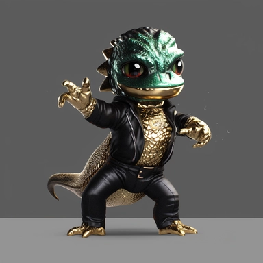 baby Godzilla, looks like Michael Jackson, doing dance steps, wearing a miami heat basketball jersey, wearing a gold pendant with a gold bitcoin on it, wearing hip hop style black satin pants and a green iridescent silk shirt, techno lighting, clipart on plain background