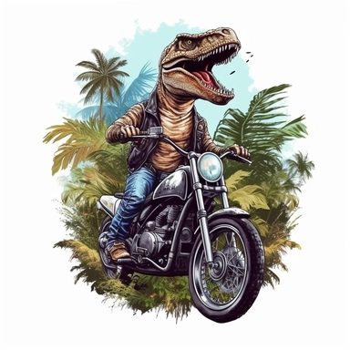 Create a clipart of a cute velociraptor in a leather jacket riding a vintage motorcycle. Strong and aggressive colors. Jungle trees before a White Background, soft lighting.