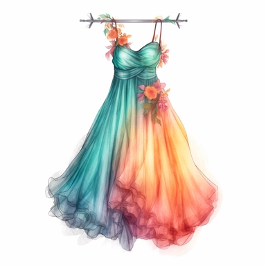 panoramic view, full view, beautiful flowing tropical party dress in vibrant colors on ornate hanger, shabby chic, elegant, ethereal, romantic, fantasy, high detail, shabby chic, sharp focus, 8k, illustration sketch, clipart style, transparent background