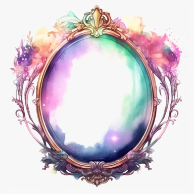 Light watercolor style, Fairycore clipart shimmery, a Magic mirror, dreamy aesthetic, pinks, purples, golds, greens, intricate, single object, print on demand image, PNG transparent background, white background for removing background - - no text shadow font watermark, 8k
