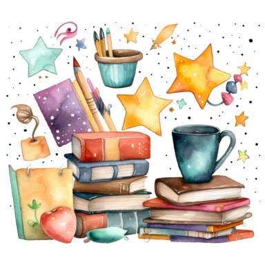 Whimsical watercolor clipart, back to school banner, set of graphics, including black board, stack of books, stationery items in a rusty cup, paint, notebook, bunting, stars and dots, white background