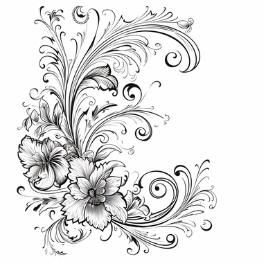 a clean detailed black line drawing of a single classical floral top right-hand corner scroll ideal for a wedding stationery, white background clipart