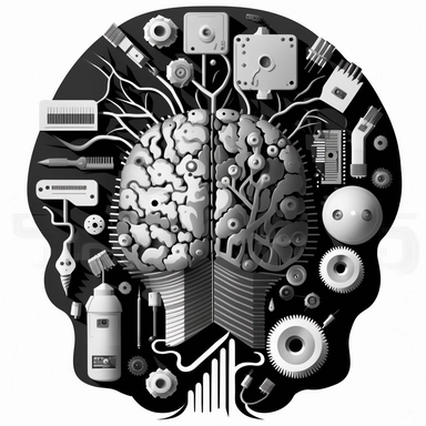 clipart of an electronic brain which is also a hardware toolbox. Hammers and screwdrivers and other hardware tools. Beautiful, surreal, abstract, flat, manga style, black and white, round image borders