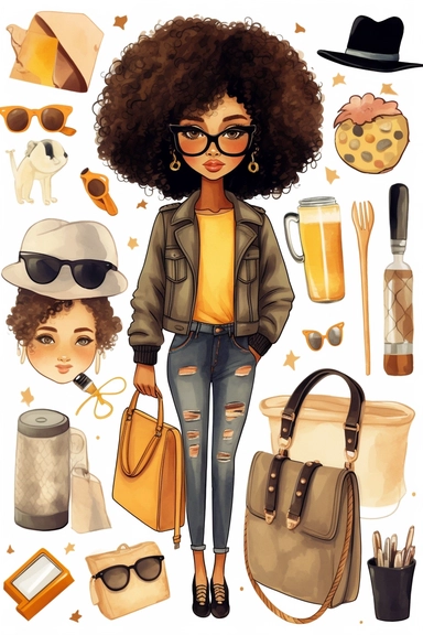 clipart set Cute illustration fashion black woman back to school watercolor clipart, full body, Cute kawaii sticker