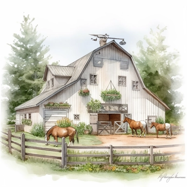 pretty white painted barn clipart, painted white, pretty charming farmyard setting with plants trees and farm accessories, fence, detailed watercolor illustration, light color palette, farmyard accessories, isolated on white background