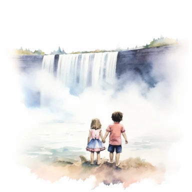 Niagara Falls childhood memory, water color style, clipart, white background