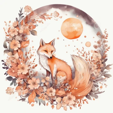 fox moon clip art october download, in the style of intricate, delicate flower and garden paintings, light white and orange, the stars art group (xing xing), dreamy watercolor florals, faux naïf, shaped canvas,white backgound