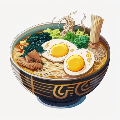 an bowl of japanese ramen, anime art, authentic ramen, white background, clipart