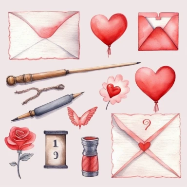 Set of love envelopes (opened and closed), I love you words, blank notebook paper sheet, red heart, cupid arrow. Handdrawn water color painted clip art, Saint Valentine's Day decoration and symbols.