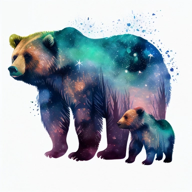 Forest baby bear follow mama bear behid with galaxy Color inside body, watercolor clipart