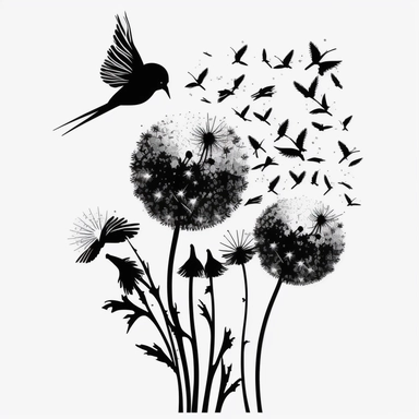 very simple dandelions bird logo clipart svg, black silhouette, white background