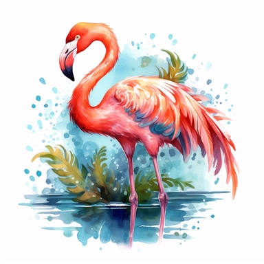 An endearing watercolor Flamingo bird clipart of Flamingo bird playing with elements 300DPI