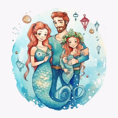 charming family of 4 mermaid, Christmas morning, festive decor and mood, ornamental watercolor, clipart
