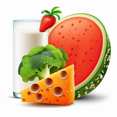 Clipart, Cartoon, milk, bread, tomato, banana, orange, one slice of watermelon, broccoli, white background