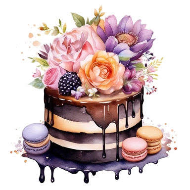clipart, isolated on white background, Watercolor cake with flowers, black colored, ornated, pastel colors