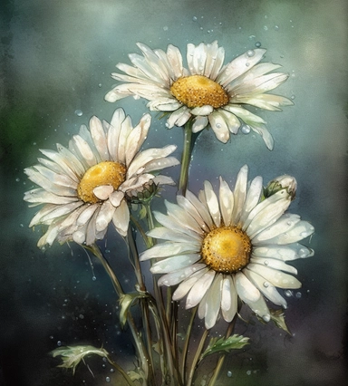 DESIGN A MAGNIFICENT AND EXQUISITE BREATHTAKING ONE-OF-A-KIND HIGH QUALITY HIGHLY DETAILED MASTERPIECE WATERCOLOR CLIPART ILLUSTRATION OF three white daisies with long white spikes and some green, in the style of victorian-inspired illustrations, lovely, naturecore, animated gifs, chalk, porcelain, light gold and sky-blue