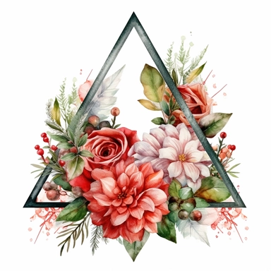 one Christma triangle flower frame clipart seamles ornament on a white background, in the style of watercolor landscapes, red and green, no watermark, text, 300 DPI , typography, shapes do not stick together, no text in the picture, on a white background