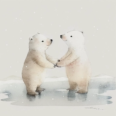watercolor and pencil drawing of an cute polar bear cubs playing in the snow, ​happy, gentle smile, beautiful watercolor ink wash coloring, whimsical art thick pencil lines, Jon klassen, beatrix potter, popular on etsy, watercolor illustrations clipart, watercolor illlustrations for kids and children, plain white background