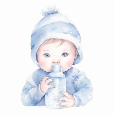 cute watercolor newborn soft blue baby holding baby bottle, watercolor effect, isolated white background, babyshower clipart, soft blue tones