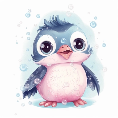 Introducing Bubbles, the bubbly little penguin! Bubbles is covered in soft, fluffy white feathers with glittery blue wings and a cute pink beak. She loves to swim and play with her friends, cartoon, clipart
