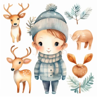 Watercolor collection clipart winter elements snowflakes, kawaii reindeer, ice skating, scarf, neutral colors, no background