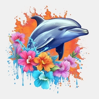 a sticker, artwork of t shirt graphic of majestic dolphin in digital painting style , beautiful water splashes, white background, colorful fantasy flower sorround, highly detailed clean, vector image, photorealistic masterpiece, professional photography, realistic, flat white background, isometric, vibrant vector, clipart, illustration, realism, 4k, , cinematic, front view, white background,