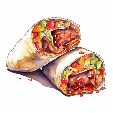 beef burrito, Watercolor style, Clipart,on white background with margins
