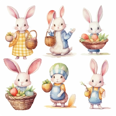 Watercolor easter eggs, illustrations clipart set, simple, soft colors, cartoon elements, different variants, easter elements, jumping bunnies, sitting bunnies ,rabbits, cute little girl, easter eggs in basket, separate elements with a margin
