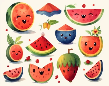 A watermelon,summer clipart pack, in the style of playful and ironic, tupinipunk, vibrant neo-traditional, tempera, oversized objects, hatching, watercolors