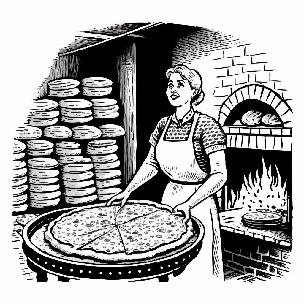 Norwegian woman forty years, Baking lefse, Black and white illustration ...