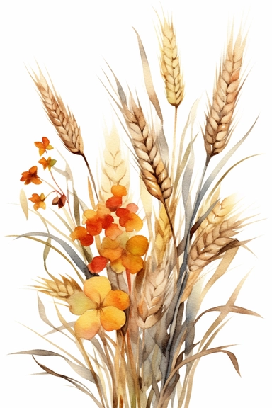 watercolor different grasses and cereal plants, solid background, clipart