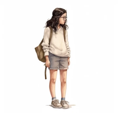 feminine watercolor line artwork clipart illustration of a school kid with dark hair full body in neutral realistic colors, isolated on a white background, spaced out, 4k, hyper realistic
