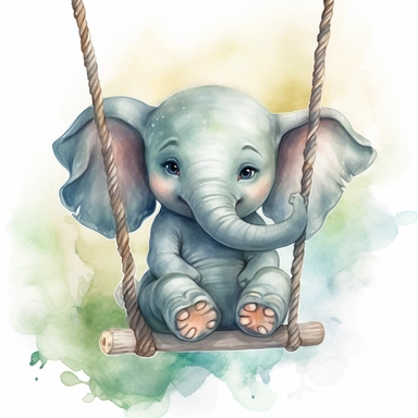 Create a watercolor illustration clipart of a playful cute Baby Elephant On the swing, with its full body visible. Use soft, flowing brushstrokes and a warm, inviting color palette to create an image that is both charming and whimsical. Incorporate intricate details like the motion of Baby Elephant On the swing to create a lifelike, realistic image. Can add other elements to the illustration like related item to play to create playful scene. Use white background to allow the watercolor textures 