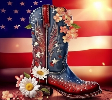 American flag with Cowboy boots Flower Sublimation Clipart, Cartoon funny, Cute anime, Very detailed, Colorful firework sky background--v 5