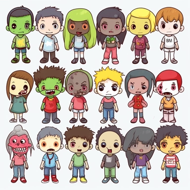 assorted clothing clipart, multi-ethnic zombie children, facial expressions, cartoon style, kawaii, cute