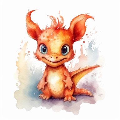 Cute happy Watercolor fire Baby Dragon Clipart, on a white background--s 1000