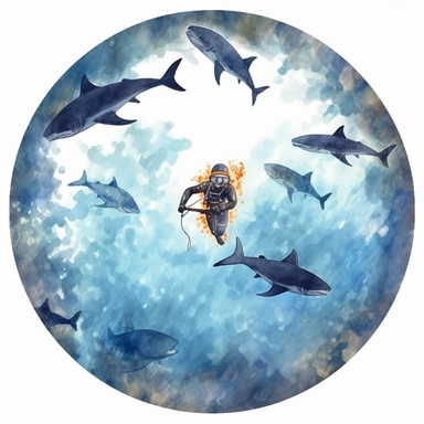 watercolor clipart of a scuba diver swimming around group of shark on the sea surface. The view is taken by drone. Produce very high quality image. Left some white empty space around the image frame