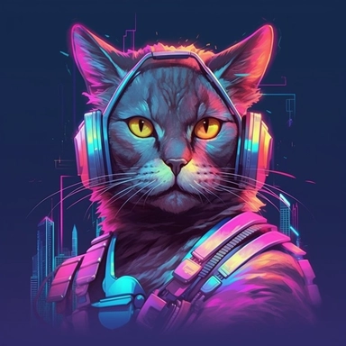 hyper-realistic watercolor Whiskers Through Time- Royal attire: Cyberpunk fashion: Dress the cat in a futuristic cyberpunk style with neon-colored clothing, high-tech accessories, and augmented reality-inspired details. Cats in History Clipart, watercolor background ,high resolution