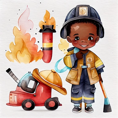 Cute black kid firefighter Watercolor clipart