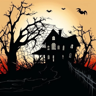 a haunted house, sihouettes of trees, spider webs and black spiders, clipart, cartoon style--q2--v5.1--1000