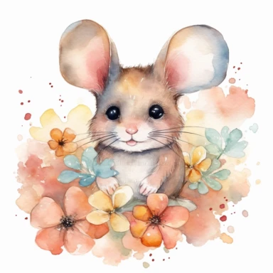 mouse and flower Watercolor Clipart Underwater World Watercolor Art Baby mouse Watercolor Cute Baby Animal Watercolor Clipart high quality, white background