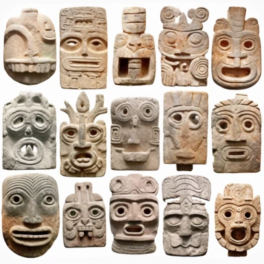 Indigenous Pre-Columbian Spiritual Mythological Taíno culture Caribbean Rock carvings Carved symbols Geometric designs Animal symbols Human figures Masks Sun symbols Moon symbols Navigation symbols Hunting symbols Fishing symbols Agriculture symbols Petroforms Archeology , clipart, hd, on white background ,spaced out--ar 3.2--s 1000
