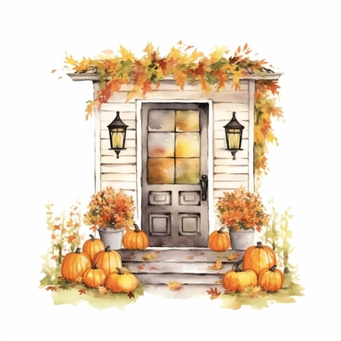 vector watercolor cute Fall Autumn vintage Autumn porch clipart on white background, fall, vintage holiday autumn porch, photorealistic, ultrarealistic, no background, on white