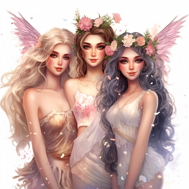 lilly stone, 3 beautiful smiling fairy friends with arms around each other, large wings, 16 year old girls with long wavy hair, soft colors, big eyes, BENTE SCHLICK style illistration, sparklecore, flowers, hyper detailed, white background, clipart