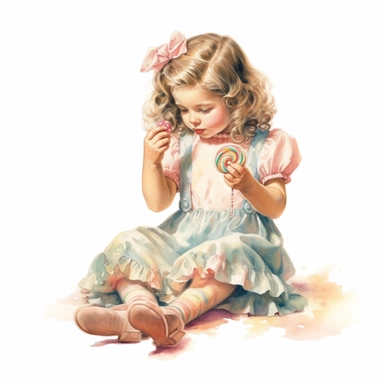 vintage adorable little girl eating rainbow candy, full body, pastel beige colors, clipart style, accurate details, watercolor technique, super high quality, professional watercolor clipart, high resolution