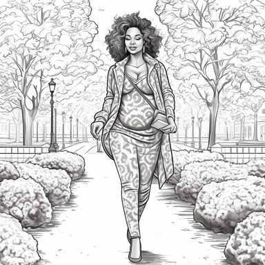 coloring page . Walking in the park Beautiful black woman .pregnant baby bump showing , beautiful, pregnant baby bump ,clipart, school background, detailed, happy, glamorous